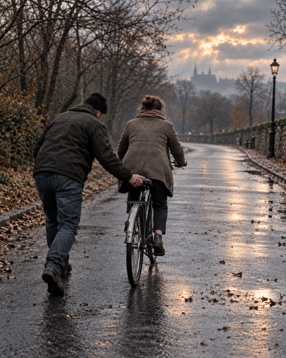 One person steadying the saddle while another, in a wool coat, learns to balance on a bicycle on a wet road at dusk