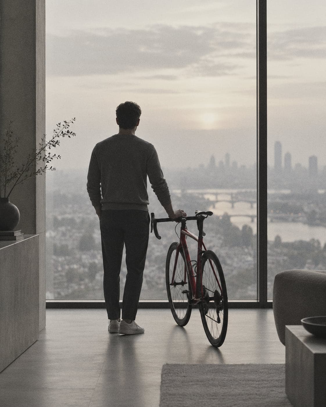 A man in a city apartment at dawn, holding a road bike, looking out over the skyline through a floor-to-ceiling window