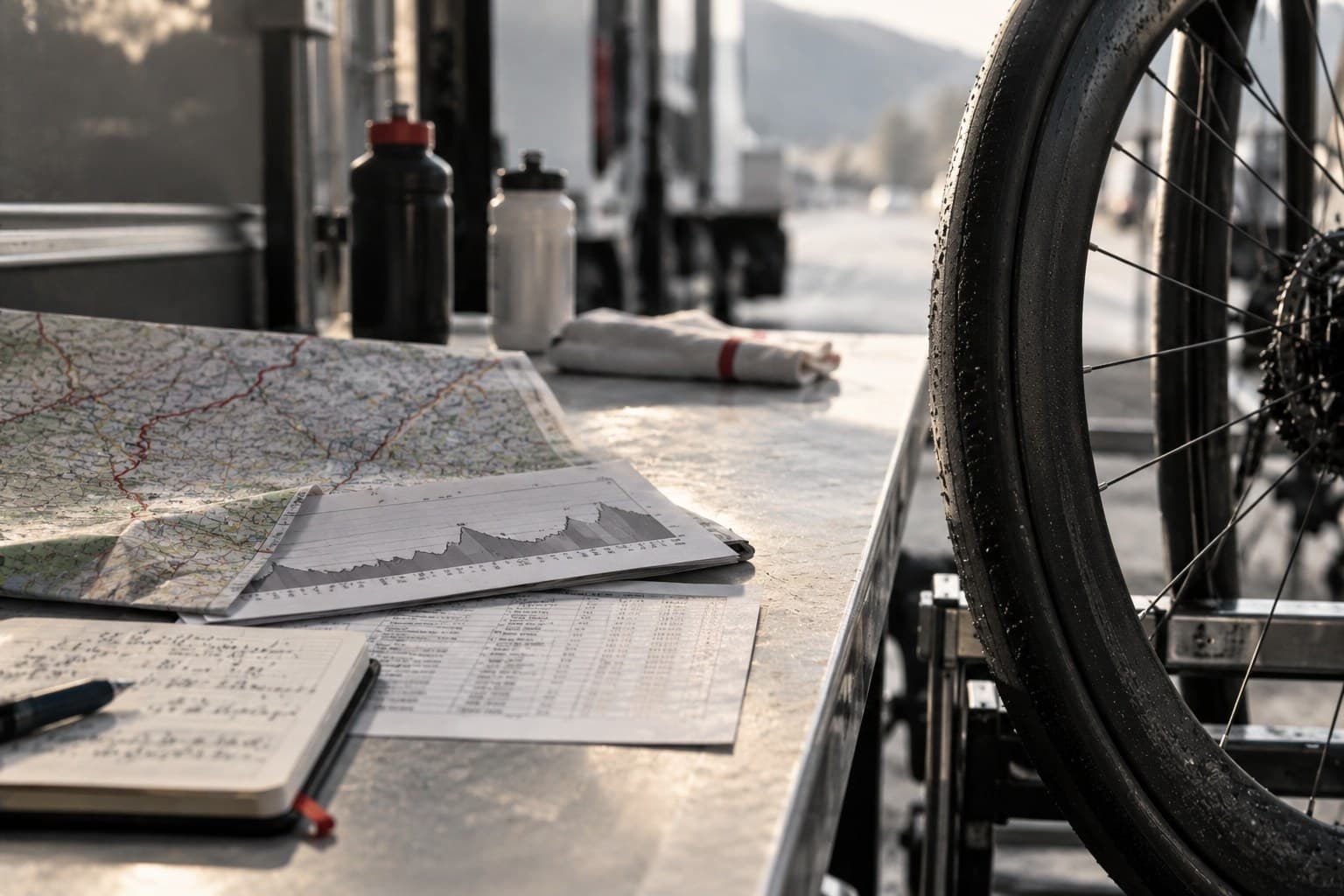 Um mapa de percurso, um perfil de altimetria e notas manuscritas sobre o balcão do camião da equipa