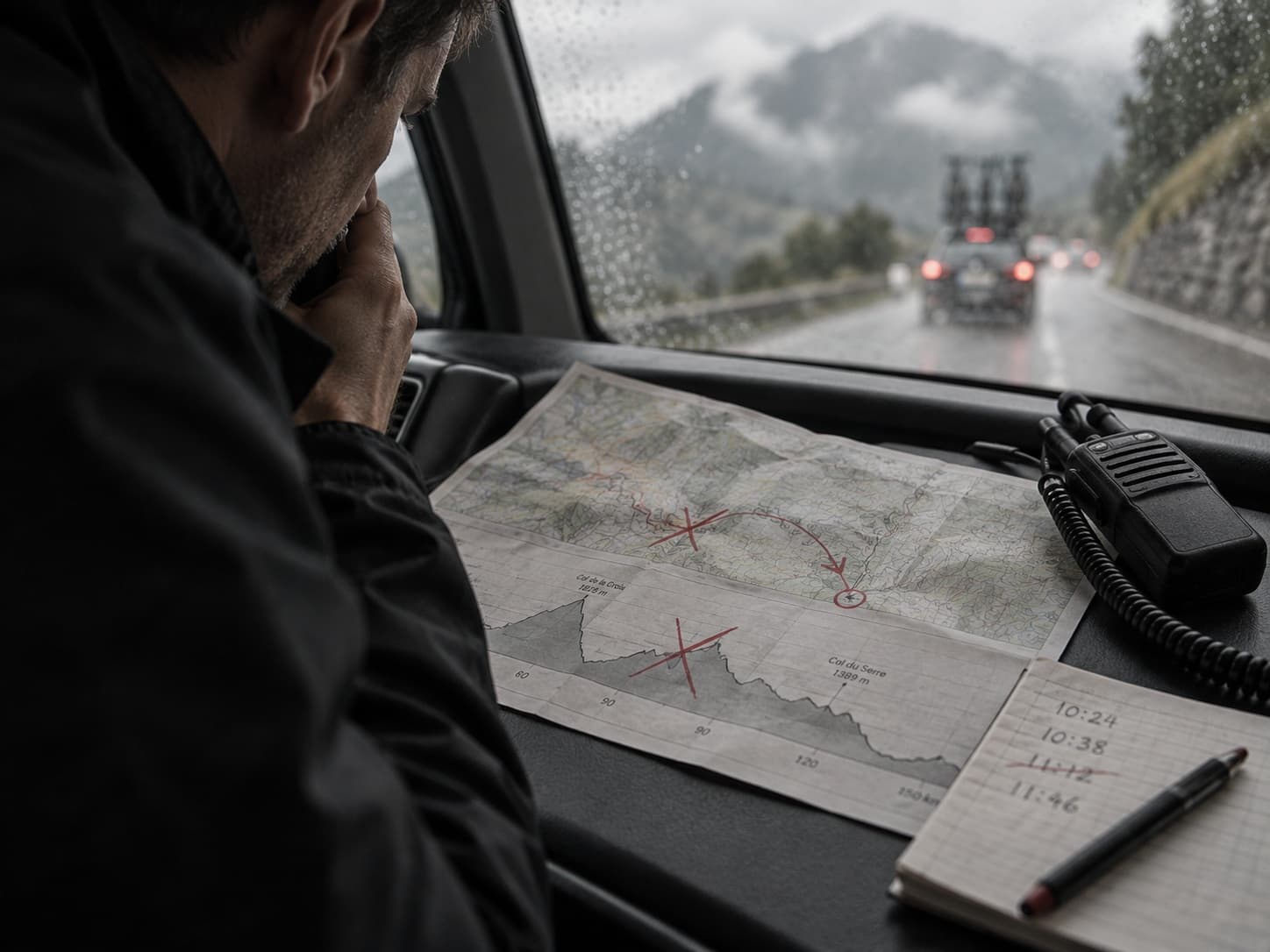 Um diretor desportivo ao rádio, a verificar um mapa de percurso marcado com a linha planeada, enquanto a comitiva segue à frente sob chuva