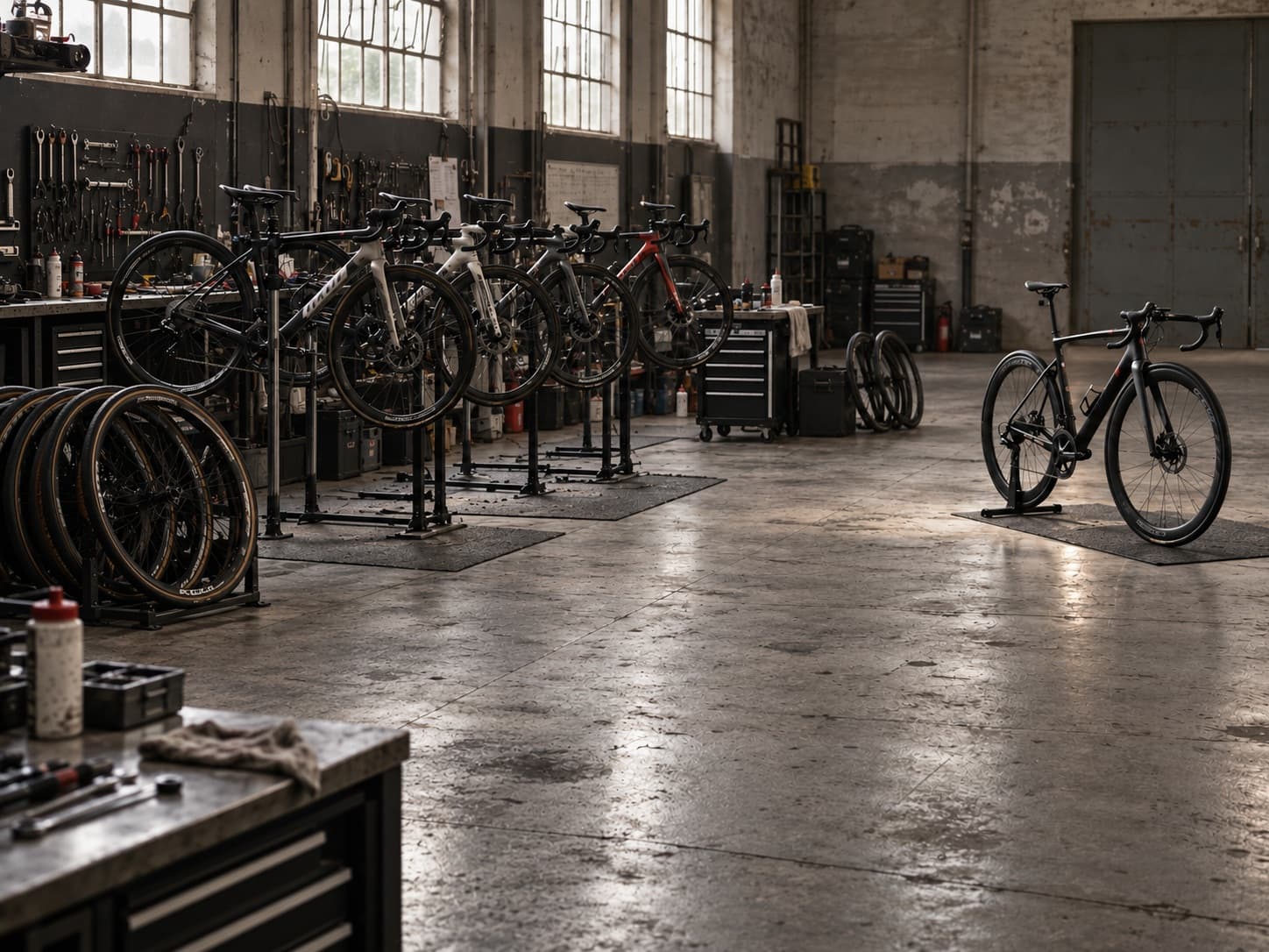 Uma oficina de equipa alinhada com bicicletas, rodas e ferramentas, com uma bicicleta isolada no meio do chão para além delas